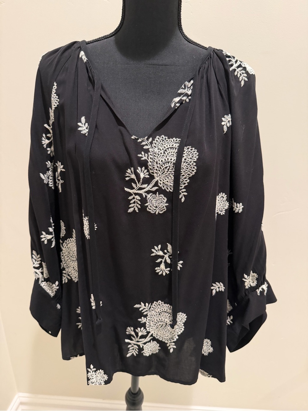 BoHo Chic- Karen Kane Black V-Neck Peasant Blouse with White Floral Embroidery